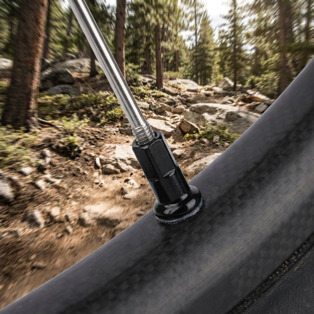 DT Swiss Pro Lock Messing Speichennippel schwarz auf Mountainbike-Carbonfelge, mit Werkzeug für maximale Laufrad-Sicherheit.