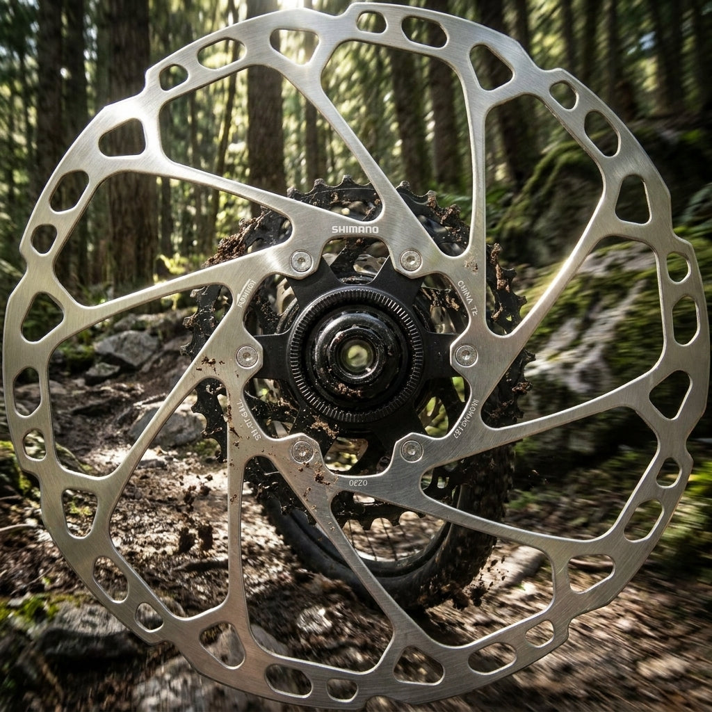 SHIMANO Bremsscheibe SM-RT64 203mm Center Lock am Mountainbike auf Waldweg.