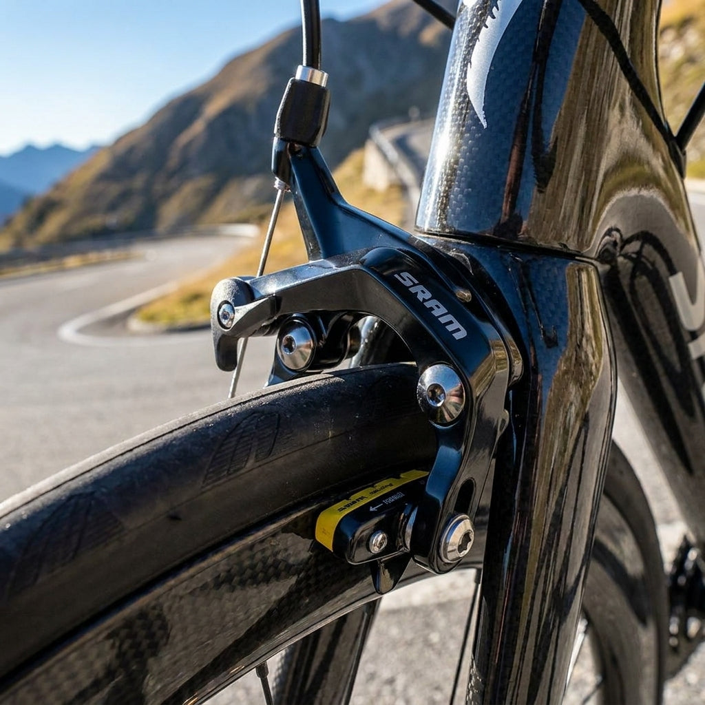 SRAM S900 Direct Mount Felgenbremse vorne am Rennrad mit SwissStop Pro Bremsbelägen auf Bergstraße.