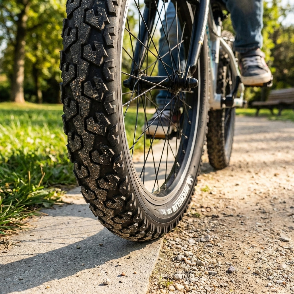 Michelin Country J Draht 24 Zoll (24x1.75) schwarz Fahrradreifen auf einem Radweg im Park.
