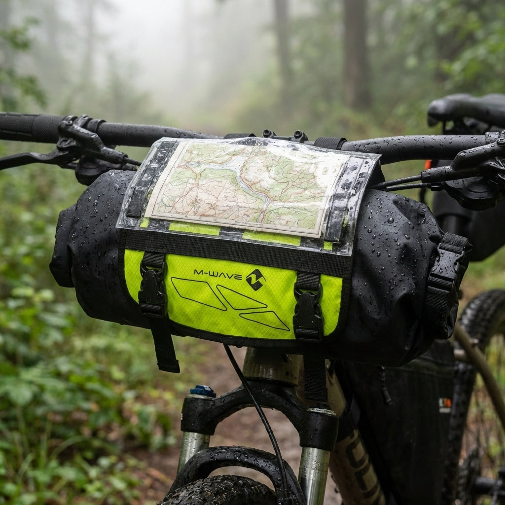 M-Wave Bikepacking Lenkertasche 10L in Neongelb/Schwarz mit Kartenfach am nassen Mountainbike im Wald.