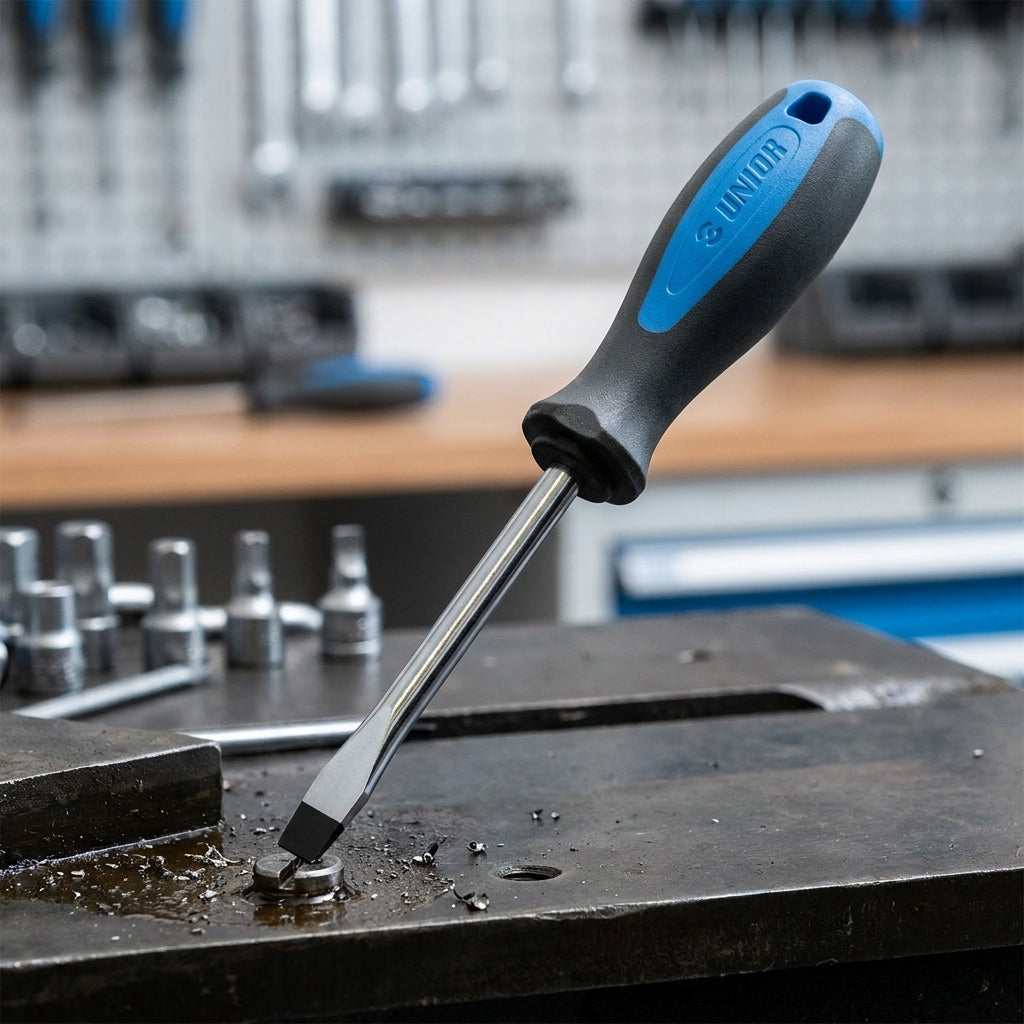 Unior Schraubendreher Schlitzschrauben 0,4x2,5x60mm 605TBI auf Werkbank in Aktion.