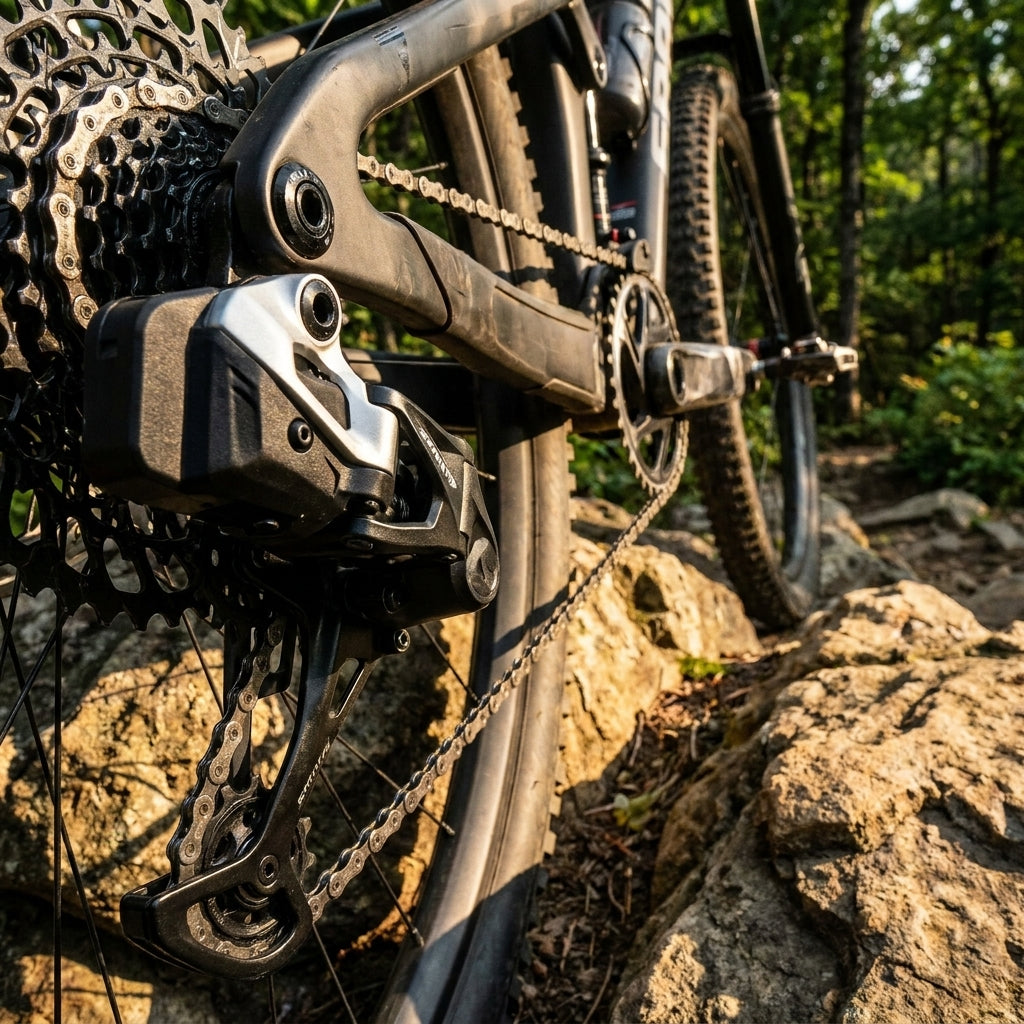 SRAM Abdeckung Set für Eagle Transmission Schaltwerk am Mountainbike auf felsigem Trail.