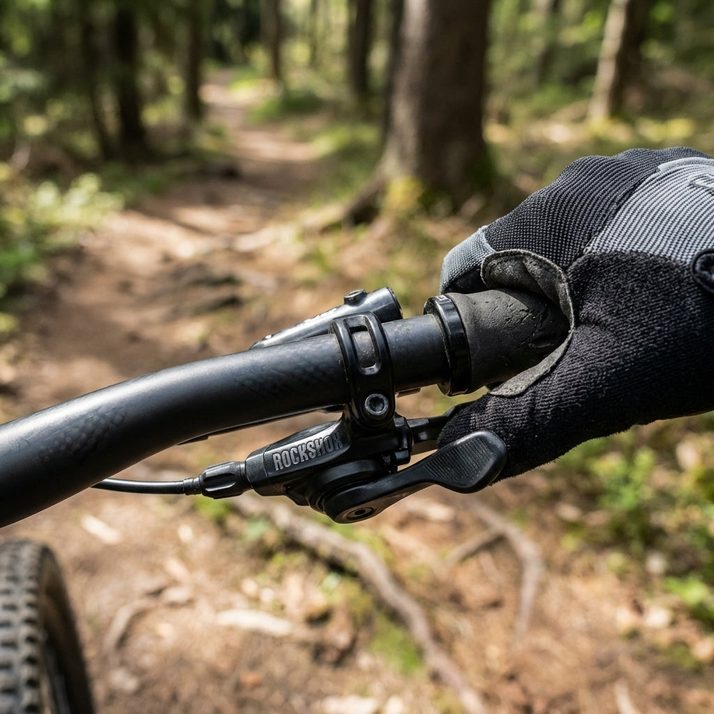 RockShox Remote Upgrade Kit rechts oben am Mountainbike-Lenker auf einem Waldpfad.