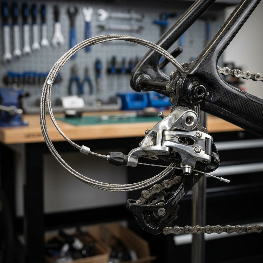 SRAM Slickwire Schaltzug am Rennrad-Schaltwerk für präzise Schaltperformance im Workshop.