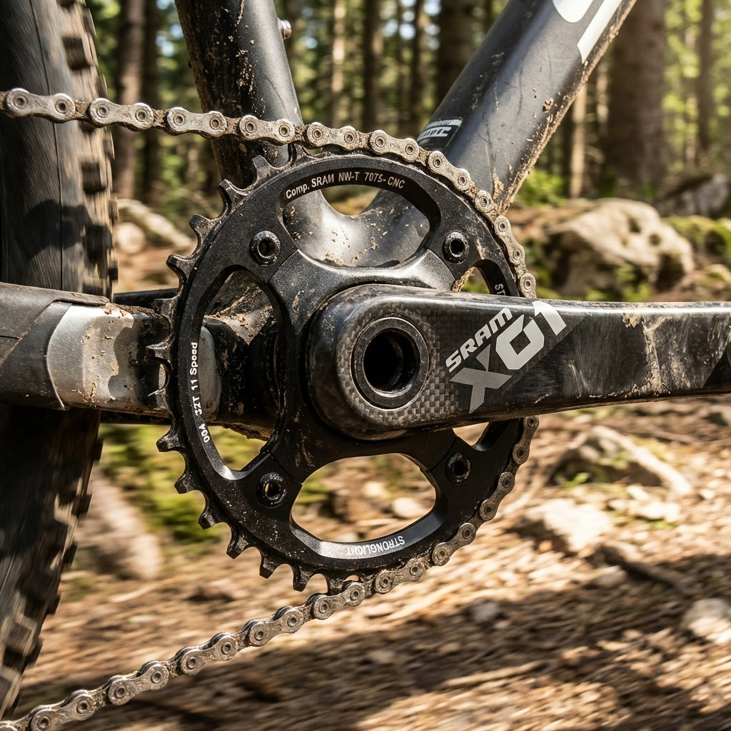 Stronglight MTB Kettenblatt 34Z schwarz für Sram X01 1x11 am Mountainbike im Wald.