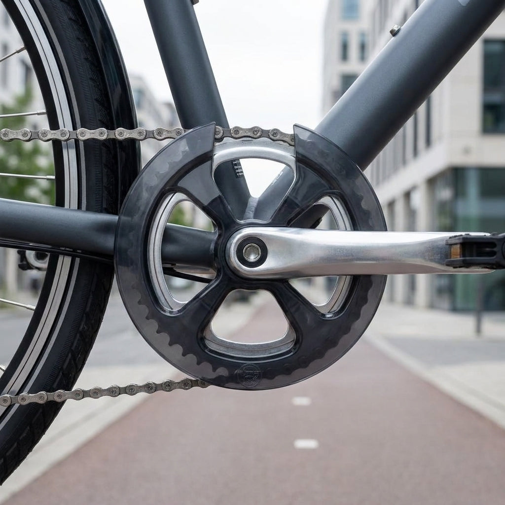 Hebie Kettenschutzscheibe 326E5 schwarz transparent für 48 Zähne am Fahrrad-Kettenblatt und Kurbel.