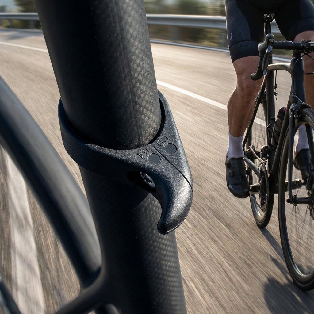 Deda Dog Fang Kettenfänger schwarz-matt am Carbon-Rennrad montiert, beim Radfahren auf der Straße.