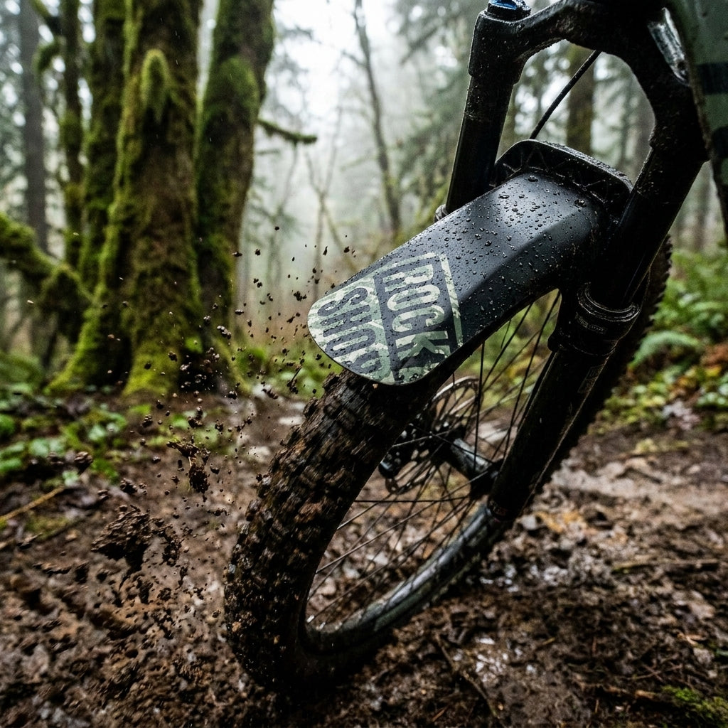 Rockshox VR-Steckblech Fender Digi camo grün am Mountainbike im Schlamm spritzend auf Waldweg.