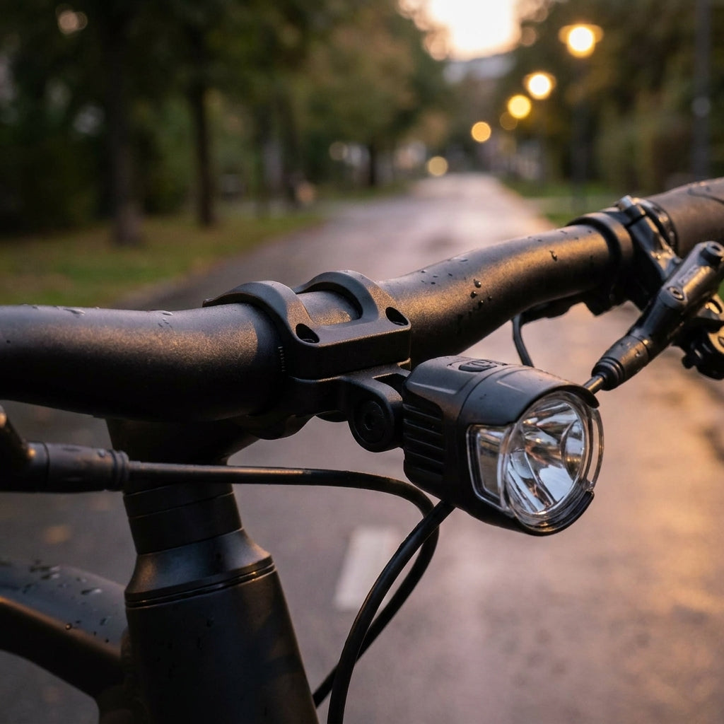 ErgoTec Vorbaukappe mit Halterung für Integra-BK 31-31.8mm am Fahrradlenker mit Licht auf nassem Weg bei Dämmerung.