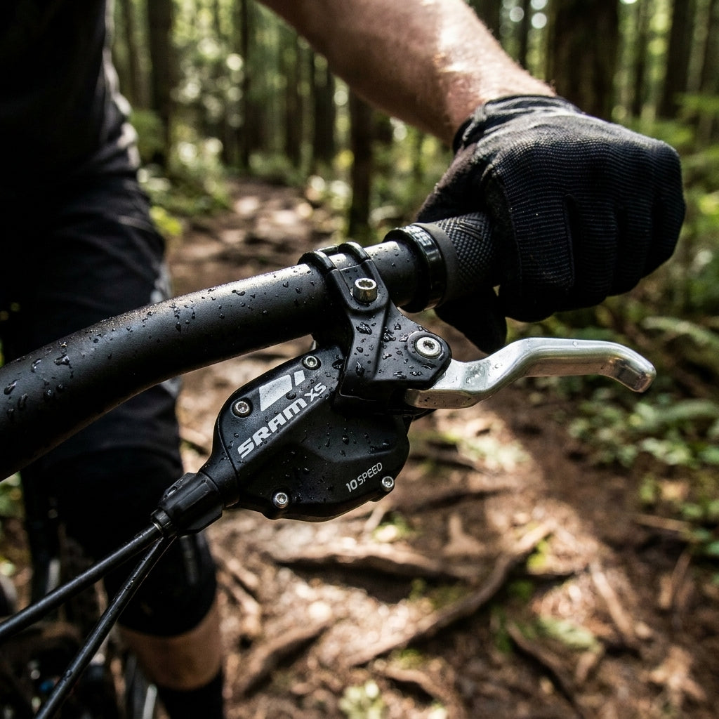 Präziser SRAM Trigger X.5 10-fach MTB-Schalthebel für sportliches Schalten, am Lenker im Wald.