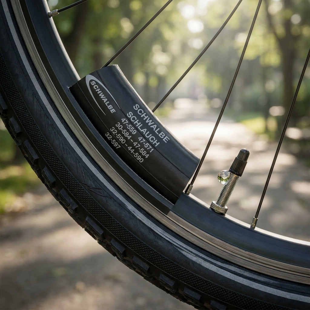 Schwalbe Fahrradschlauch SCV12 30/47-559/597, zuverlässig, hohe Lufthaltigkeit, am Fahrradreifen.