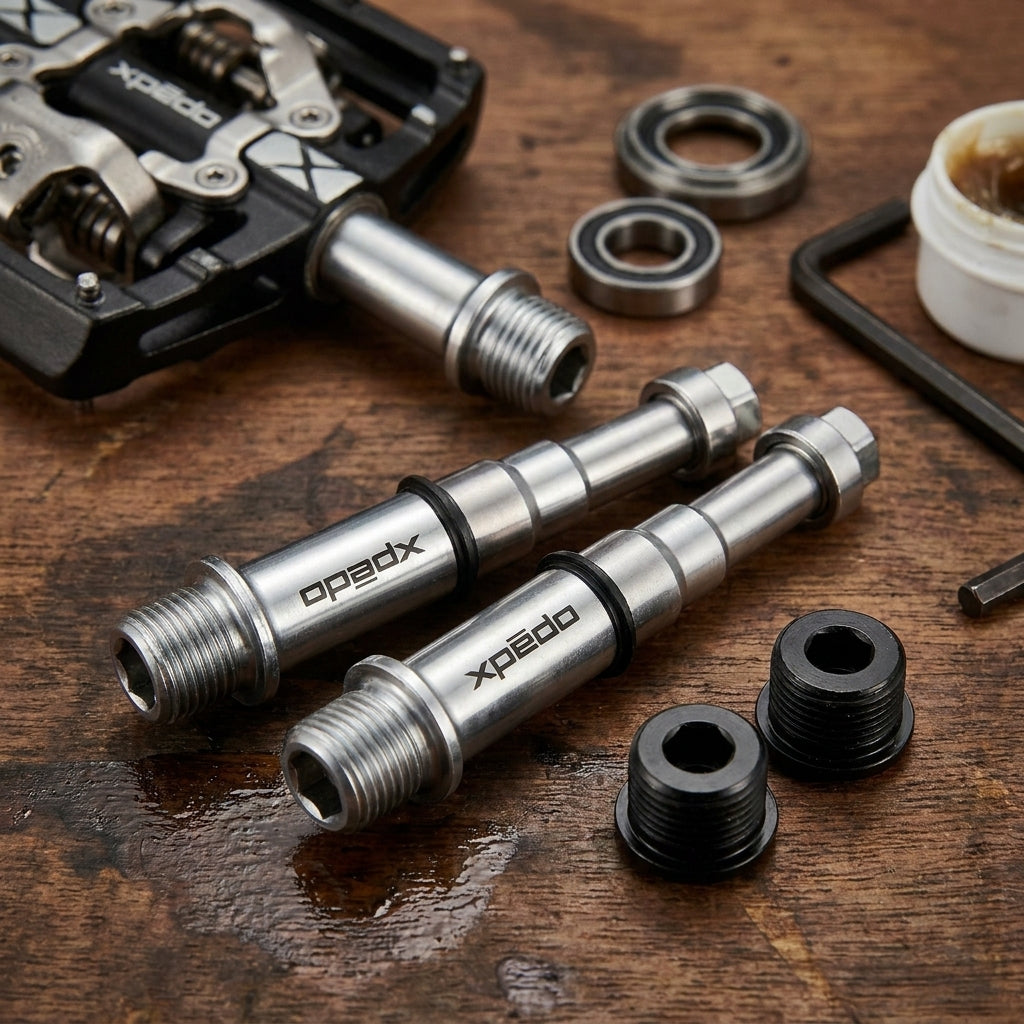 Xpedo Rebuilt Kit für MTB XMF-3C mit 2 CroMo-Achsen und 2 Kappen, dazu Lager und Werkzeug auf Holztisch.