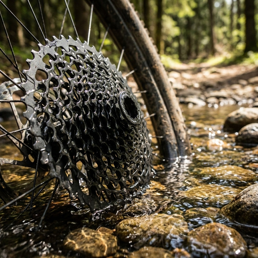 SRAM XG-1150 11-fach Kassette (10-42) am Mountainbike im Bach, robust für jedes Gelände.