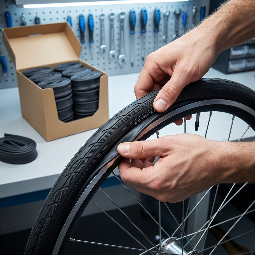 Hände montieren zuverlässigen Schwalbe Fahrradschlauch SCV19 aus Werkstattpackung in Reifen.