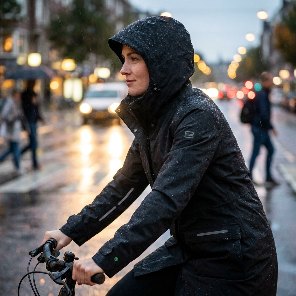 Frau im Basil Mosse Damen Regenparka Jet Black M radelt bei Regen. Wasserdichter schwarzer Fahrradparka mit Kapuze.