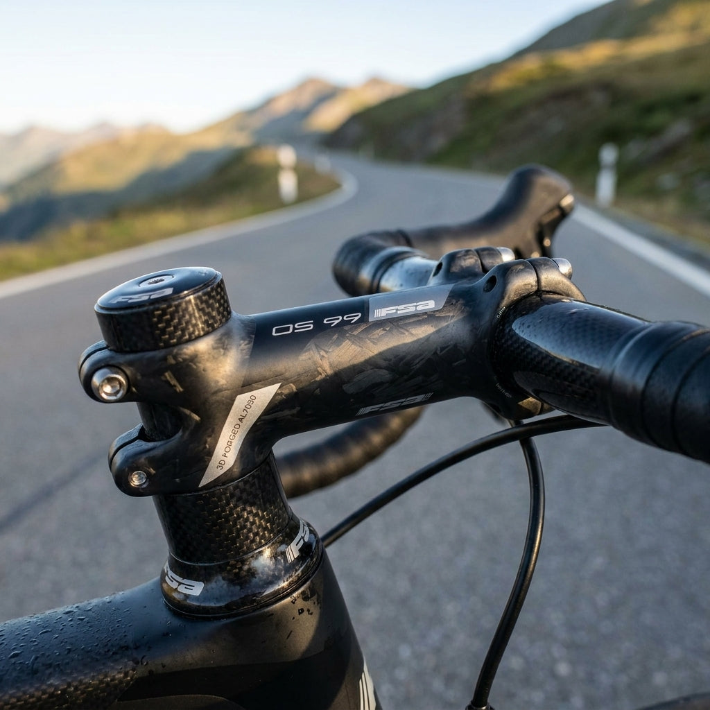 FSA Vorbau OS-99 Carbon-Alu schwarz/grau am Rennradlenker auf Bergstraße, geeignet für Rennrad & MTB.