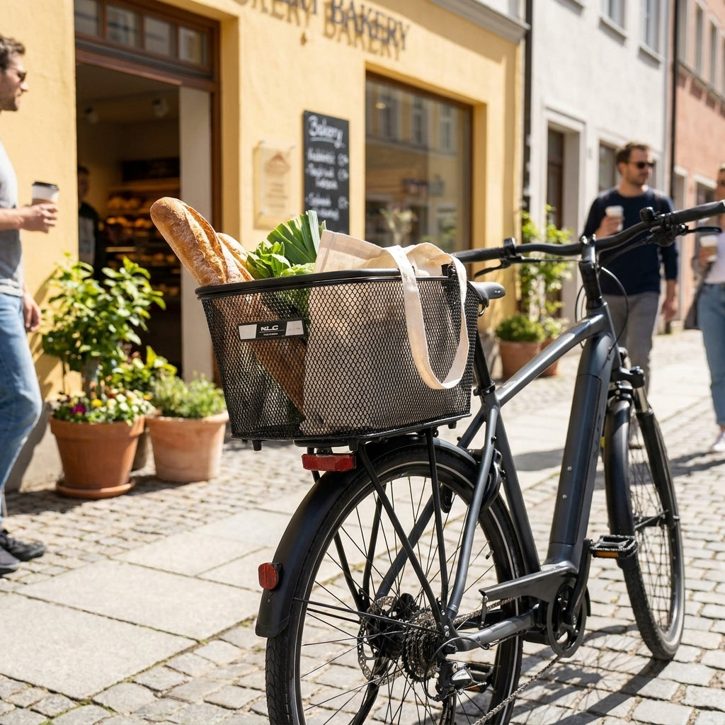 XLC Korb BA-B10 schwarz am Hinterrad eines Fahrrads, gefüllt mit Baguette und Gemüse vor einer Bäckerei.