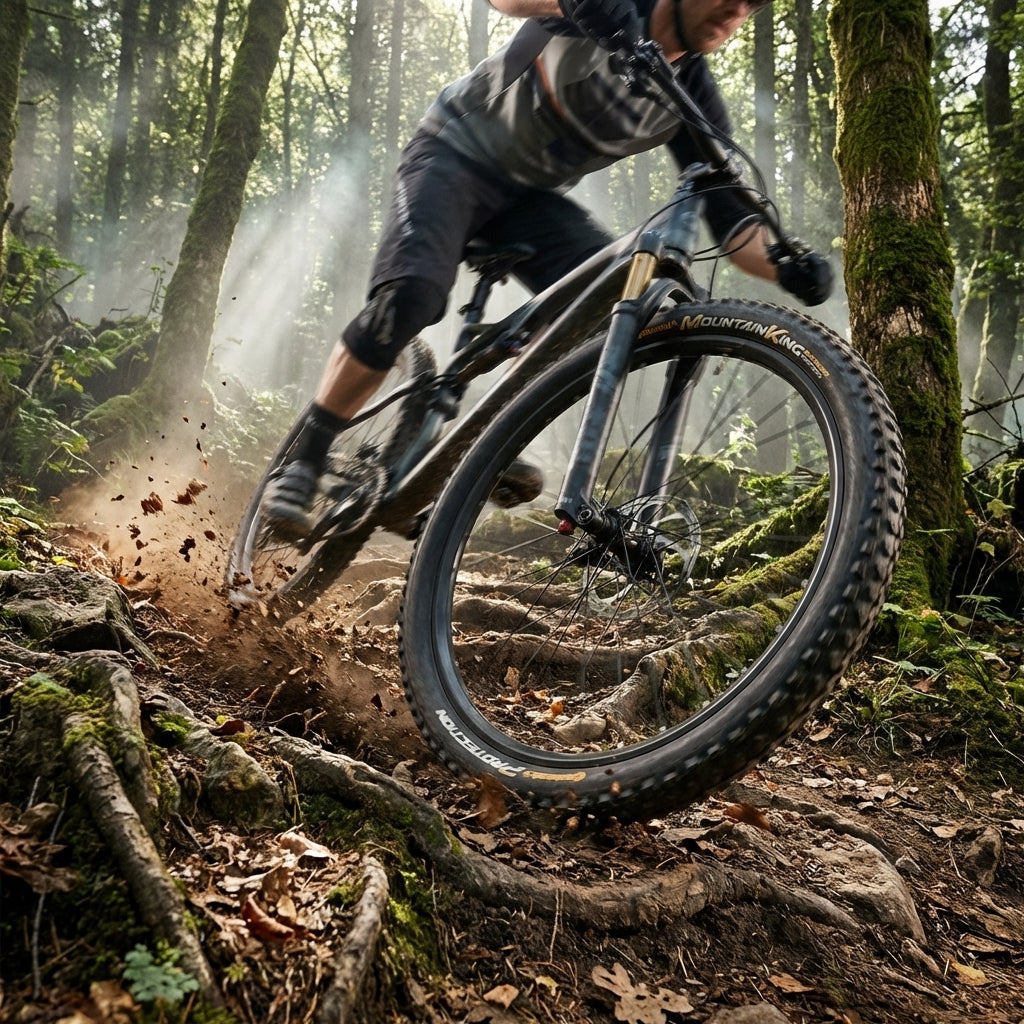 Continental Mountain King 29er Reifen am Mountainbike auf wurzeligem Waldtrail, exzellenter Grip.