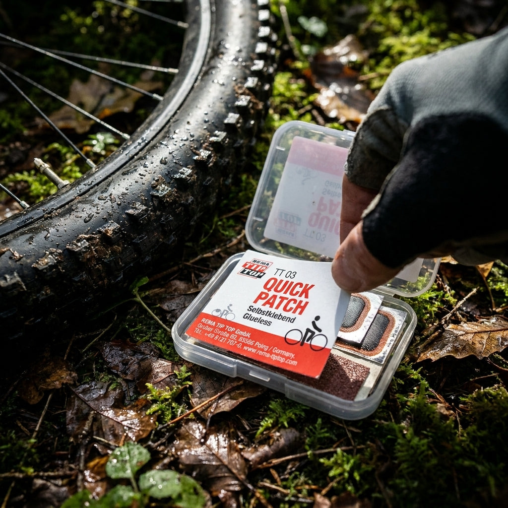 Rema Tip Top TT03 selbstklebendes Reparaturkästchen für Fahrradreifen, geöffnet im Wald neben einem Reifen.