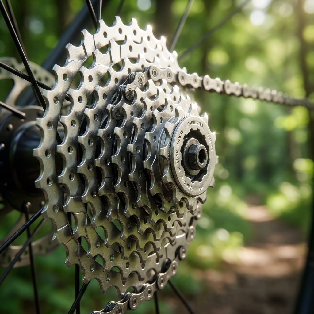 SHIMANO ALIVIO CS-HG400 9-fach 11-34Z Kassette am Fahrrad mit Kette auf Waldweg.