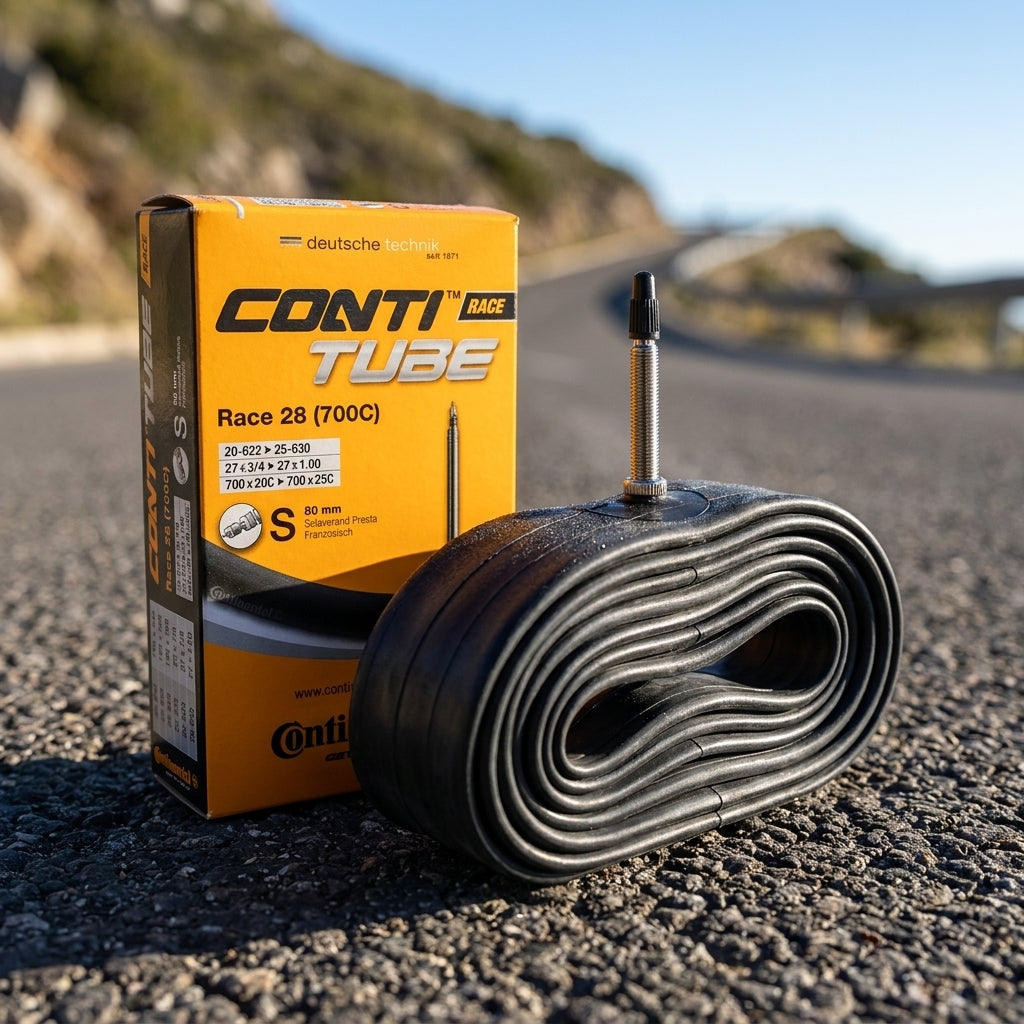 Continental Race 28" Rennradschlauch 700x20C-25C mit 80mm Sclaverandventil und Box auf Straße.