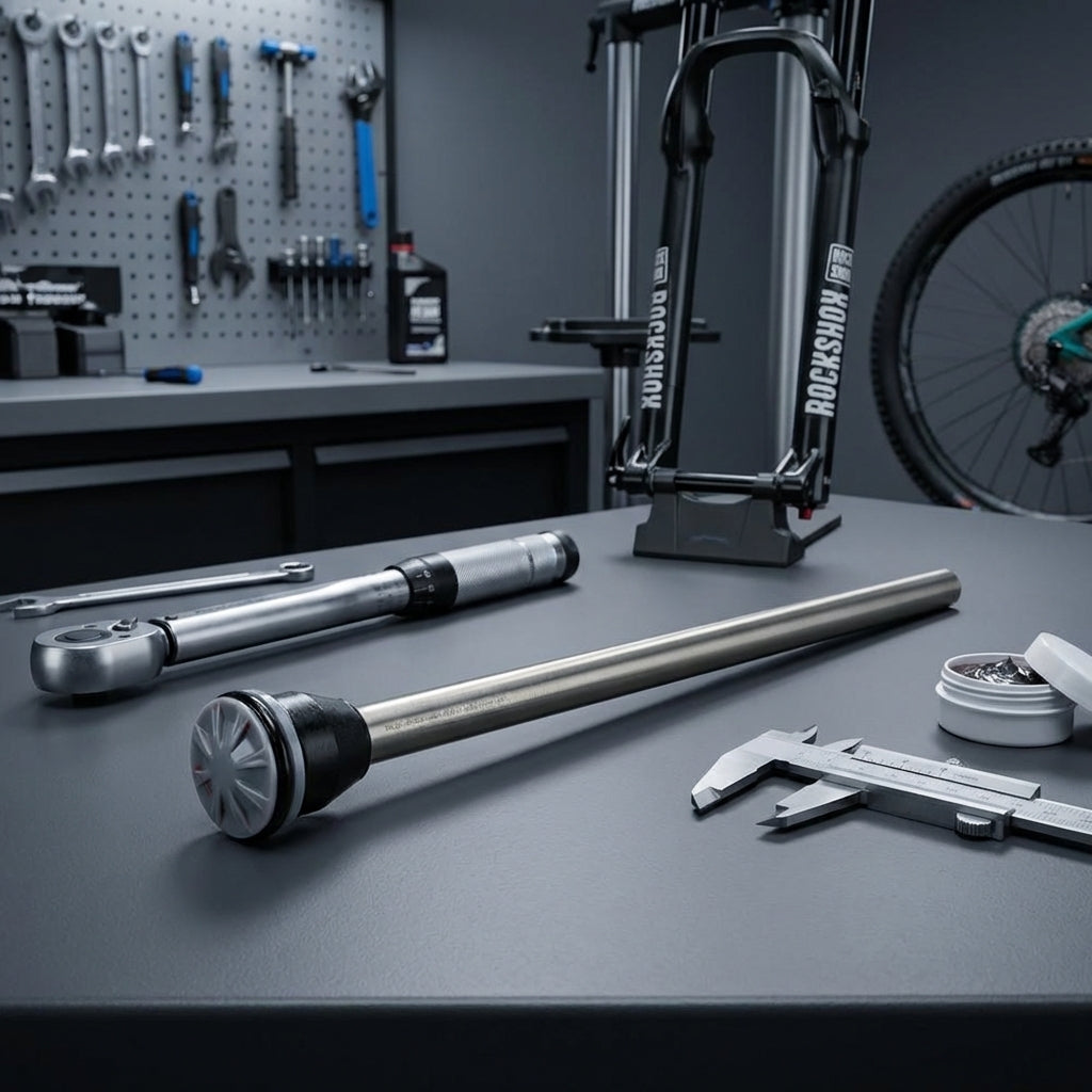 RockShox Air Shaft Reba/Sidb 110mm Travel 27/29 auf Werkbank mit Federgabel, Drehmomentschlüssel und Messschieber.