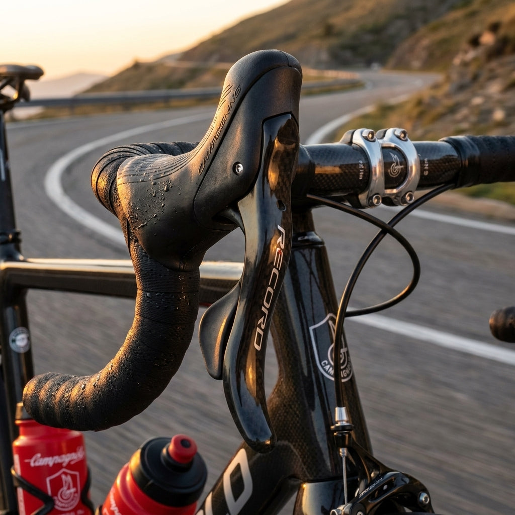 Campagnolo Record 12-fach linker Brems-Schalthebel am Carbon-Rennrad im Sonnenlicht auf kurviger Bergstraße.