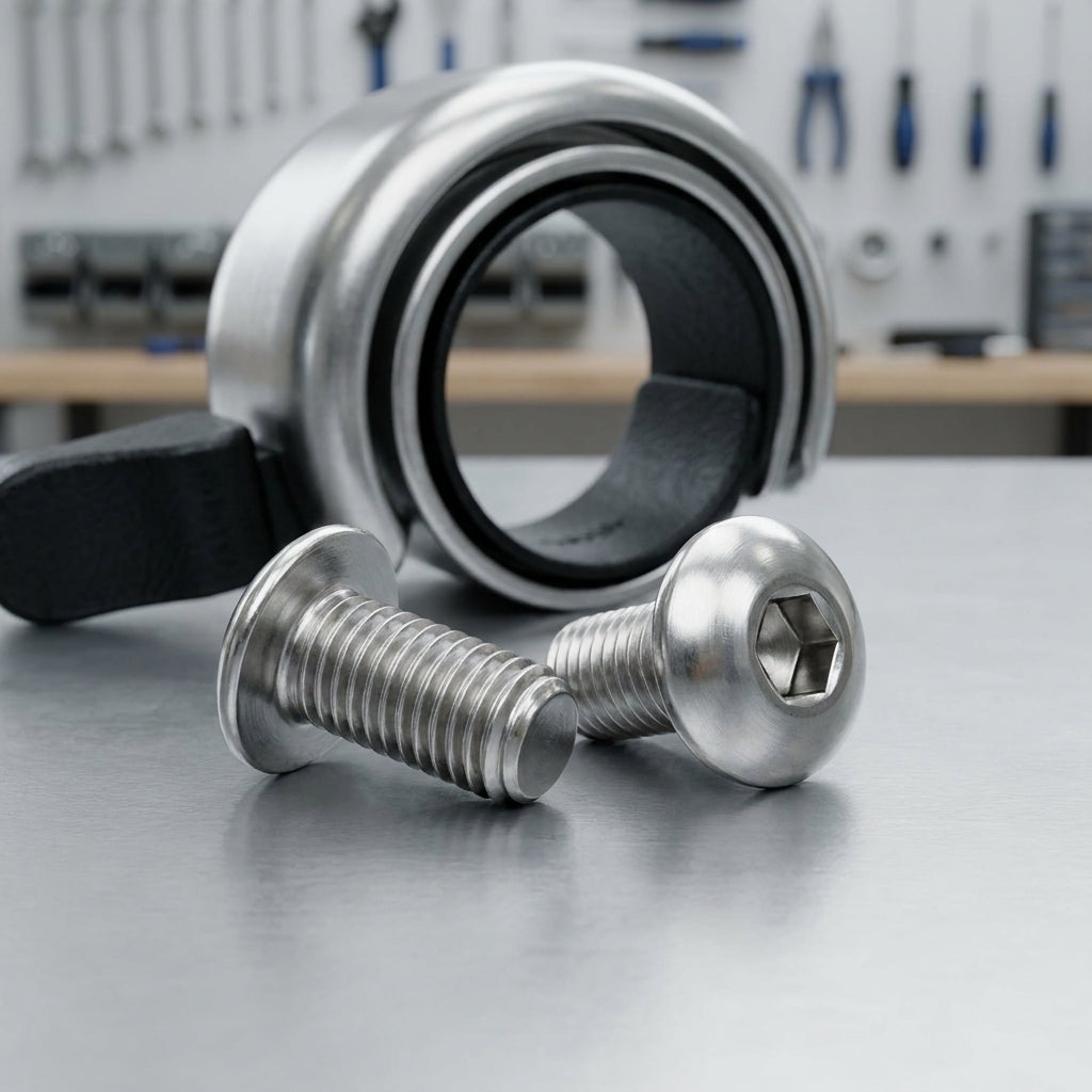 Knog Oi Luxe silberne Ersatzschrauben und Fahrradklingel auf Werkbank.