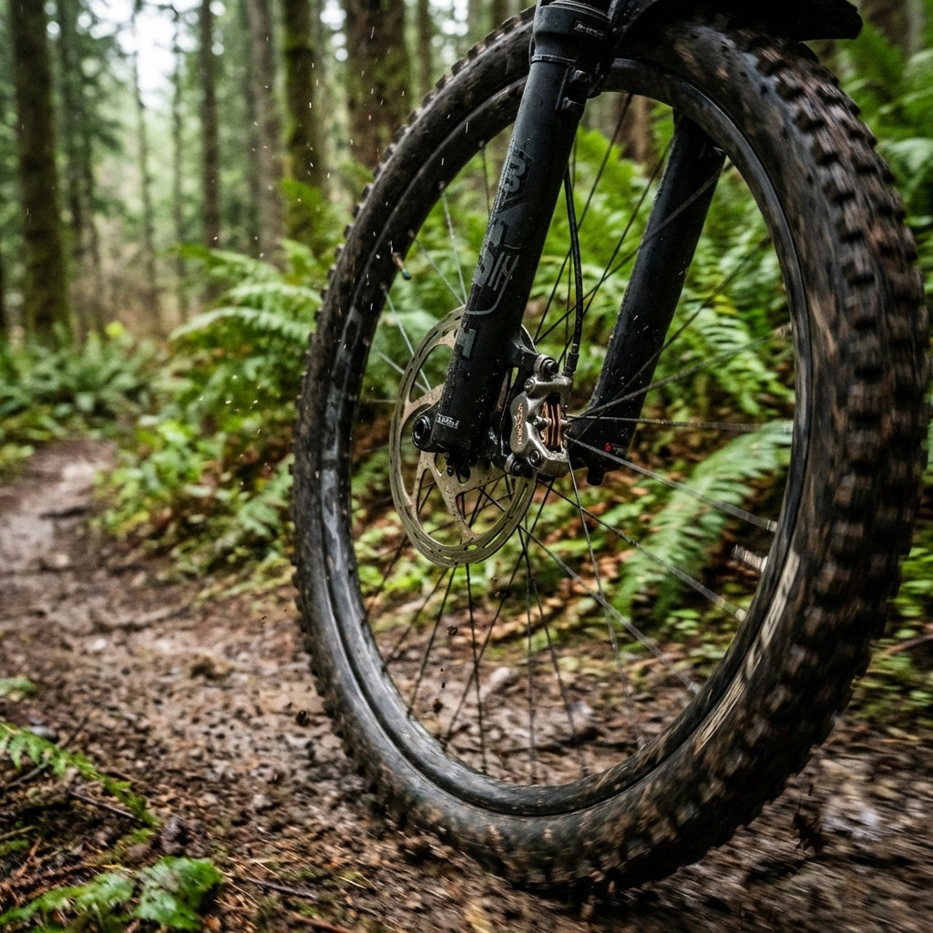 Voxom Scheibenbremsbeläge Bsc2S Shimano Deore gesintert am Mountainbike auf nassem Waldweg.