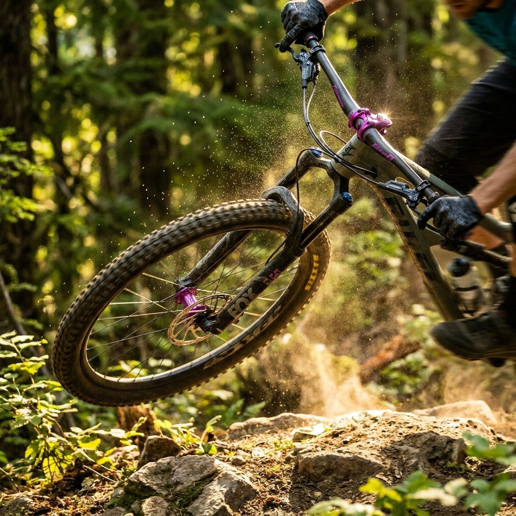 Lila Race Face Turbine R Vorbau am Mountainbike eines Fahrers, der auf einem Trail Staub aufwirbelt.