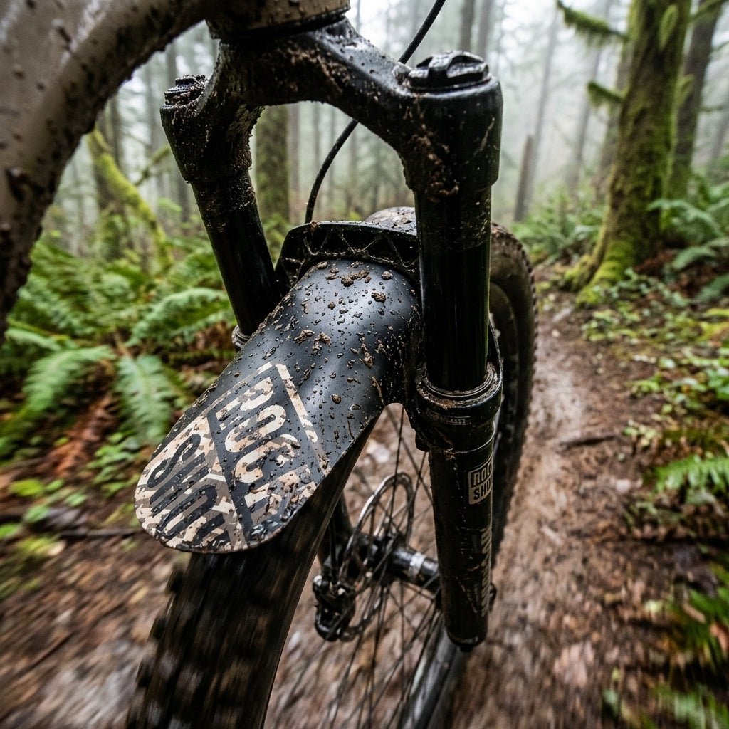 Rockshox VR-Steckblech Fender Digi camo braun am schlammigen Mountainbike auf nassem Waldweg.