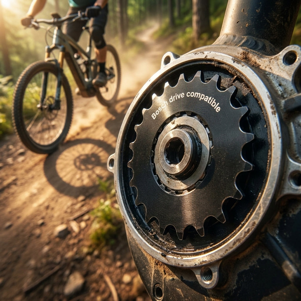 Stronglight Antriebsritzel 18 Zähne Bosch Gen. 2 Motorritzel am E-Bike, "Bosch drive compatible", Mountainbiker im Wald.