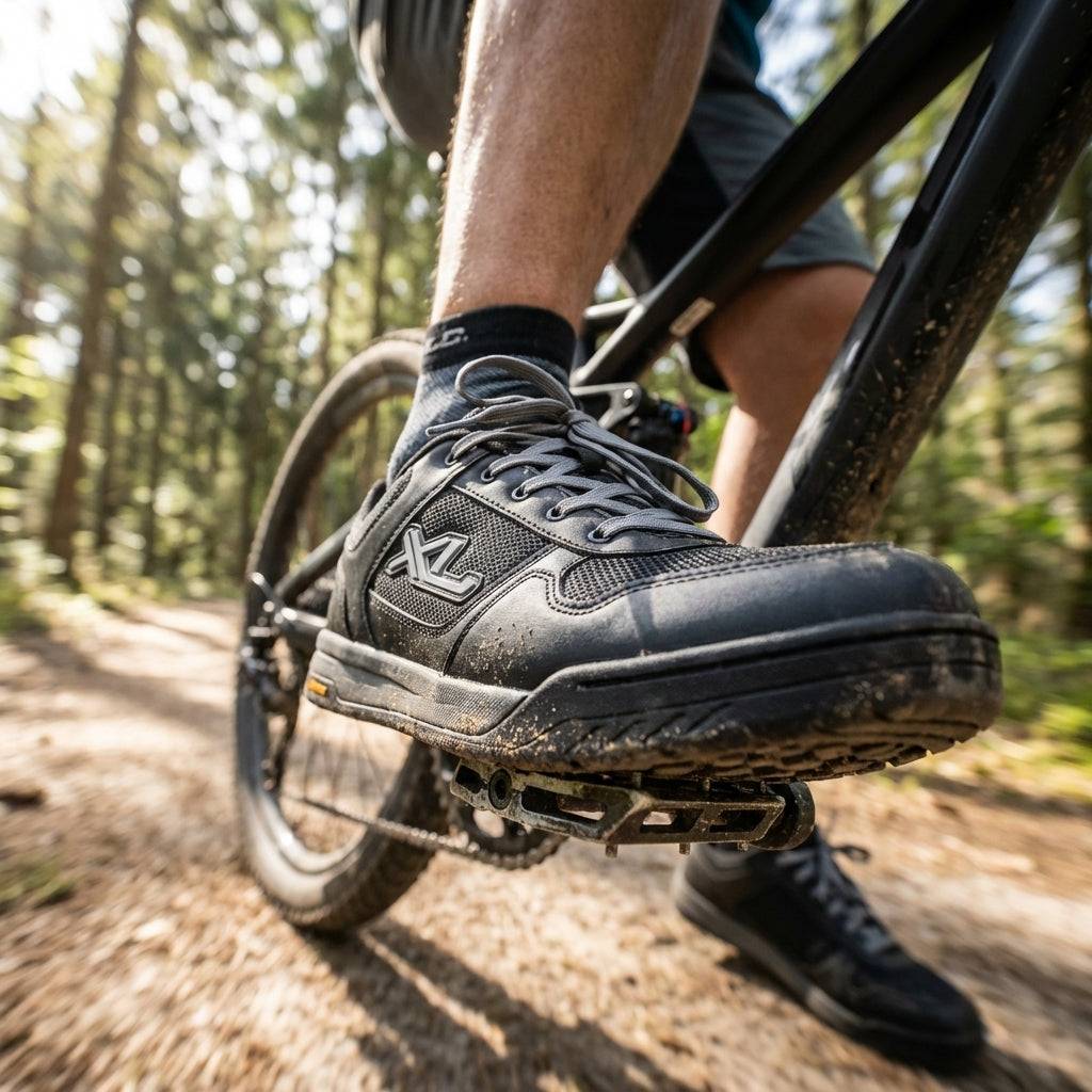 XLC All Ride Sportschuh CB-A01 schwarz/anthrazit auf Mountainbike-Pedal beim Fahren im Wald.