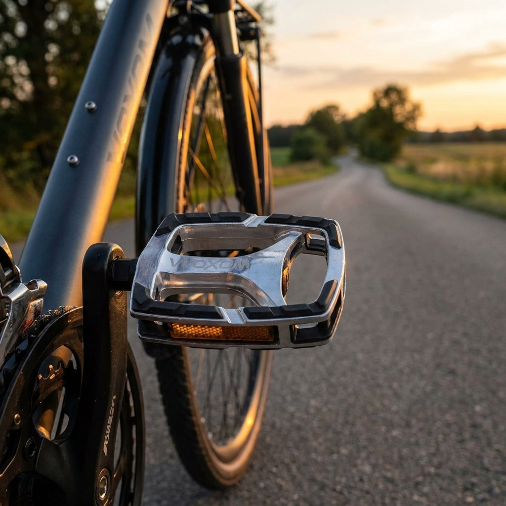 Voxom Pedal Touring Pe7 silber Fahrradpedal am Rad auf ländlicher Straße im goldenen Abendlicht.