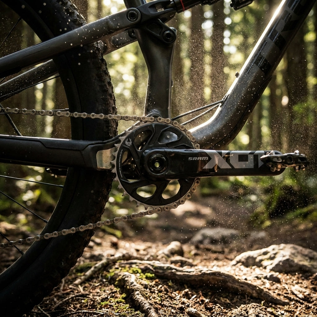 SRAM X01 Eagle Boost DUB Carbon Kurbelgarnitur schwarz am MTB, leichte 1x12 Performance im Wald.