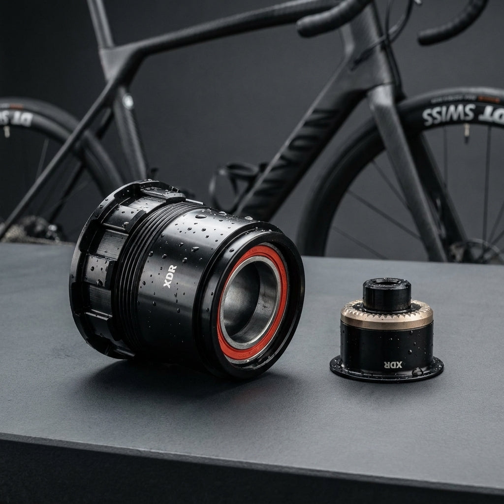 DT Swiss SRAM XDR Freilauf-Umrüstkit, nass, vor schwarzem Canyon Rennrad.