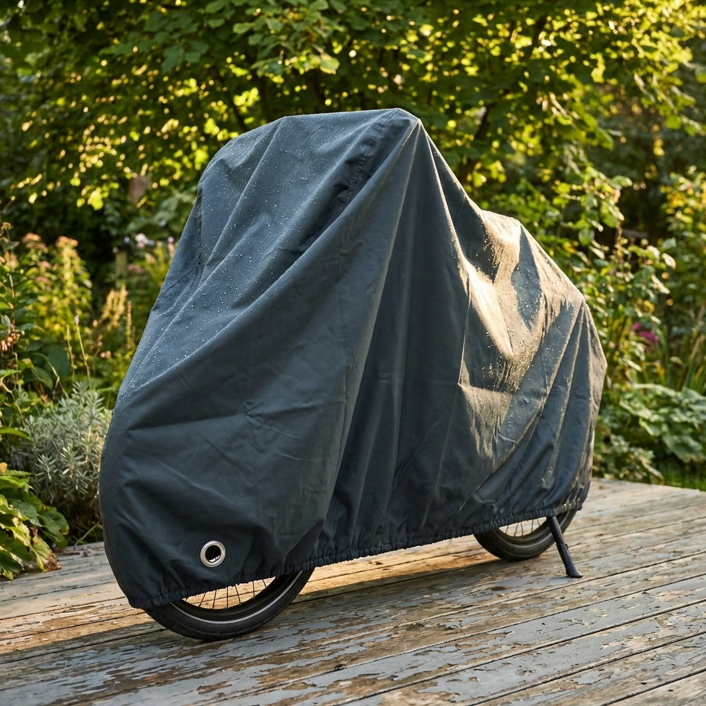 VK Fahrradschutzhülle Re-Cover waldgrün mit Wassertropfen schützt Fahrrad auf Holzterrasse im Garten.