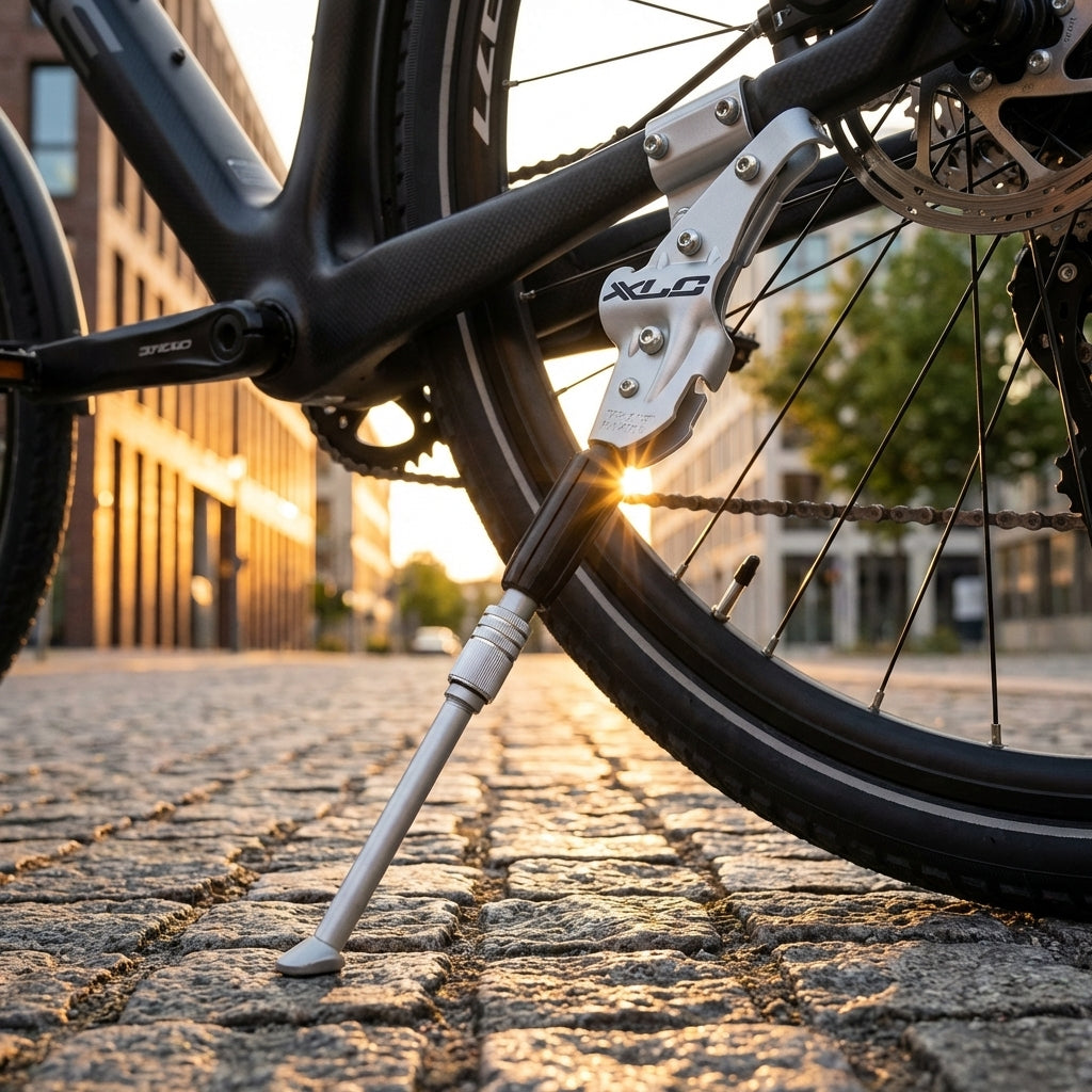XLC Hinterbauständer KS-R02 silber am Fahrrad auf Kopfsteinpflaster, verstellbar 26-29 Zoll.