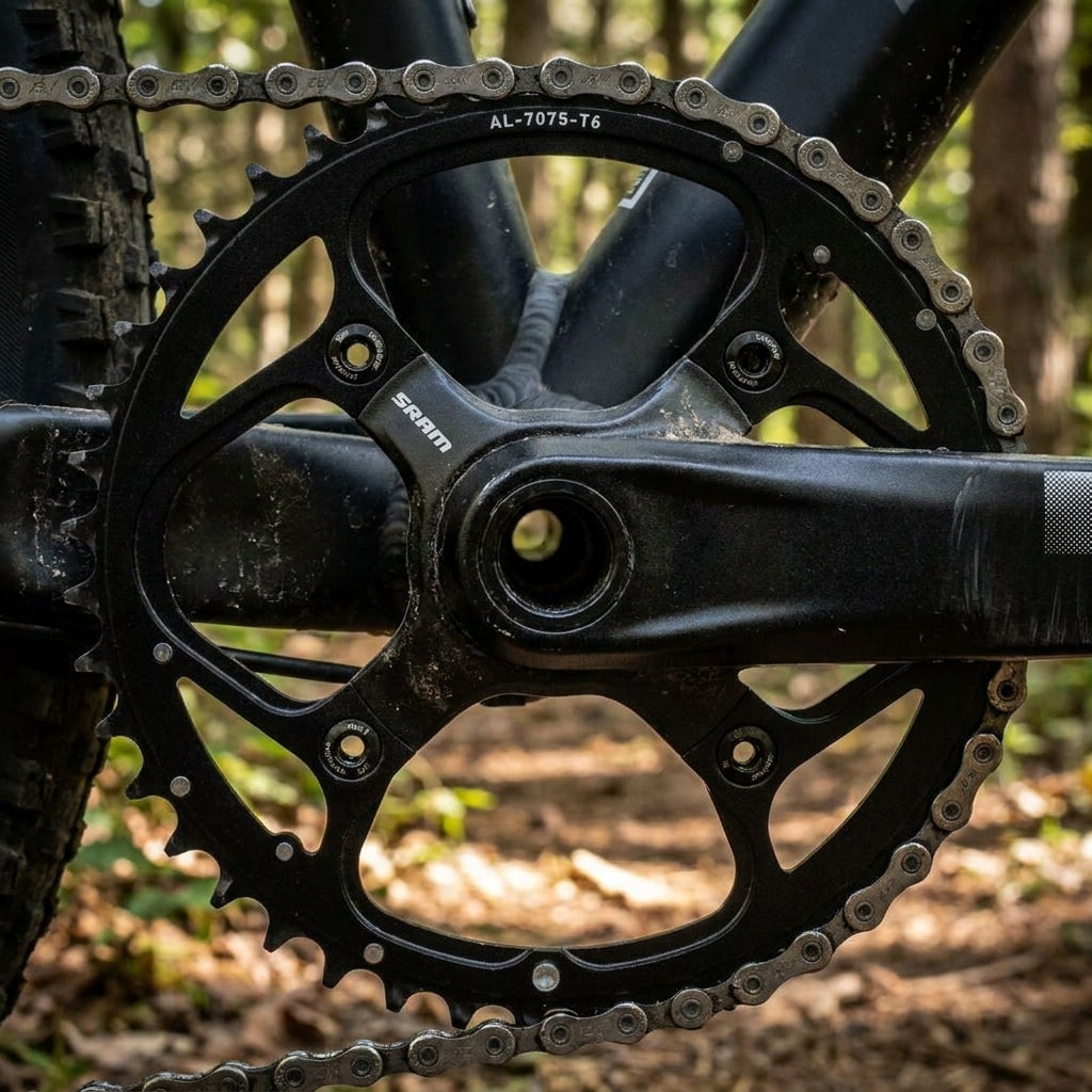 Truvativ Kettenblatt 44 Zähne Aluminium schwarz am Mountainbike mit Kette im Wald.