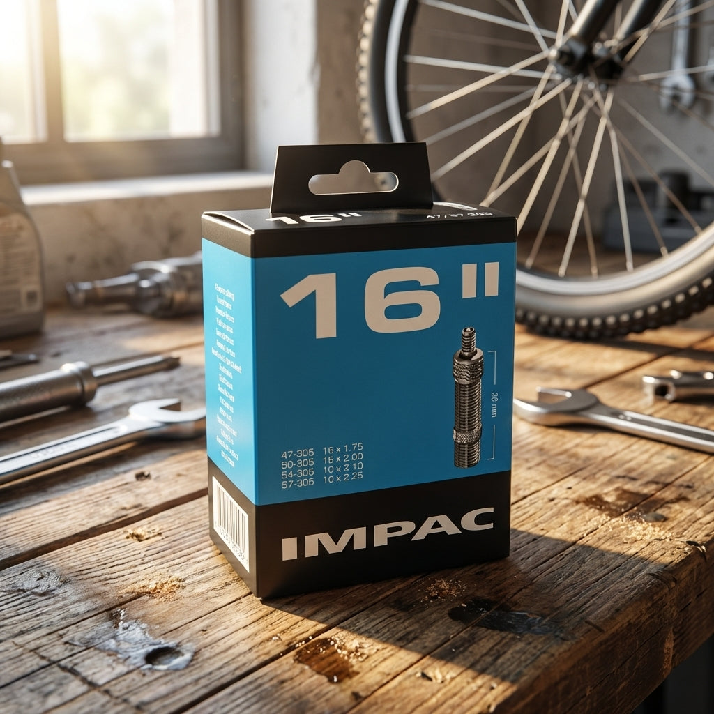 Impac Schlauch 16", 47-57/305 DV-26mm Fahrradschlauch in blauer Box auf Werkbank, Fahrrad im Hintergrund.