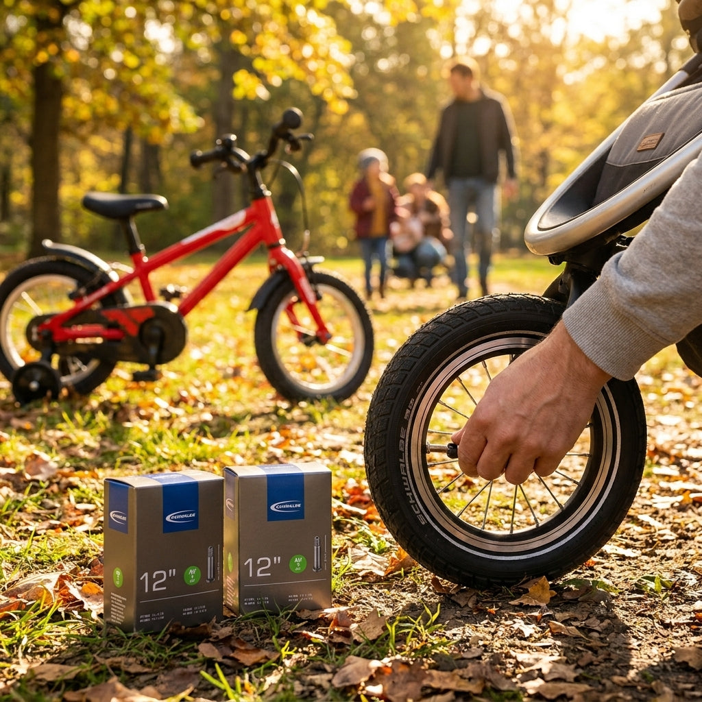 Schwalbe Schlauch Set AV1 12 Zoll mit 45° Autoventil für Kinderfahrräder, Roller, Buggys. Hochwertig, pannensicher, langlebig.