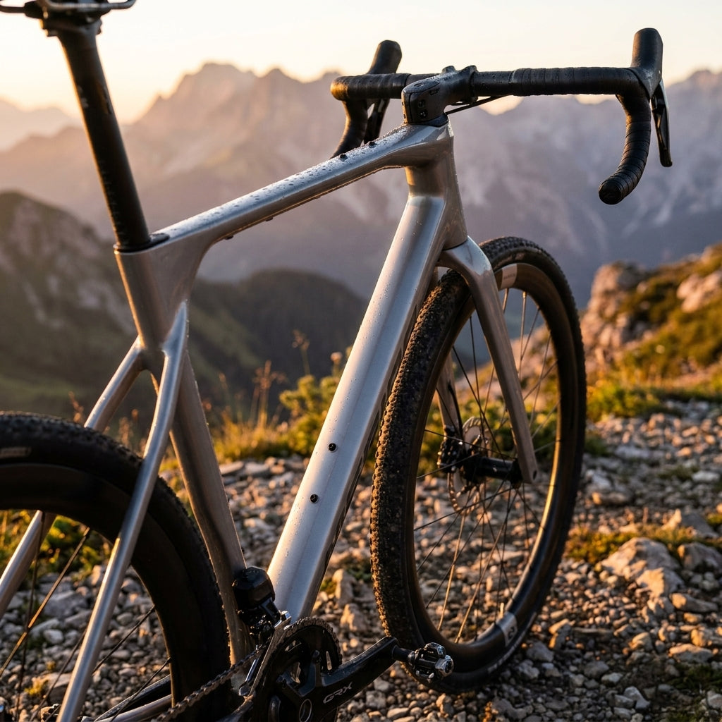 Merida MISSION 7000 S Gravelbike in Seidengrau (Gunmetal Grey) auf steinigem Bergpfad, Berge im Sonnenuntergang.