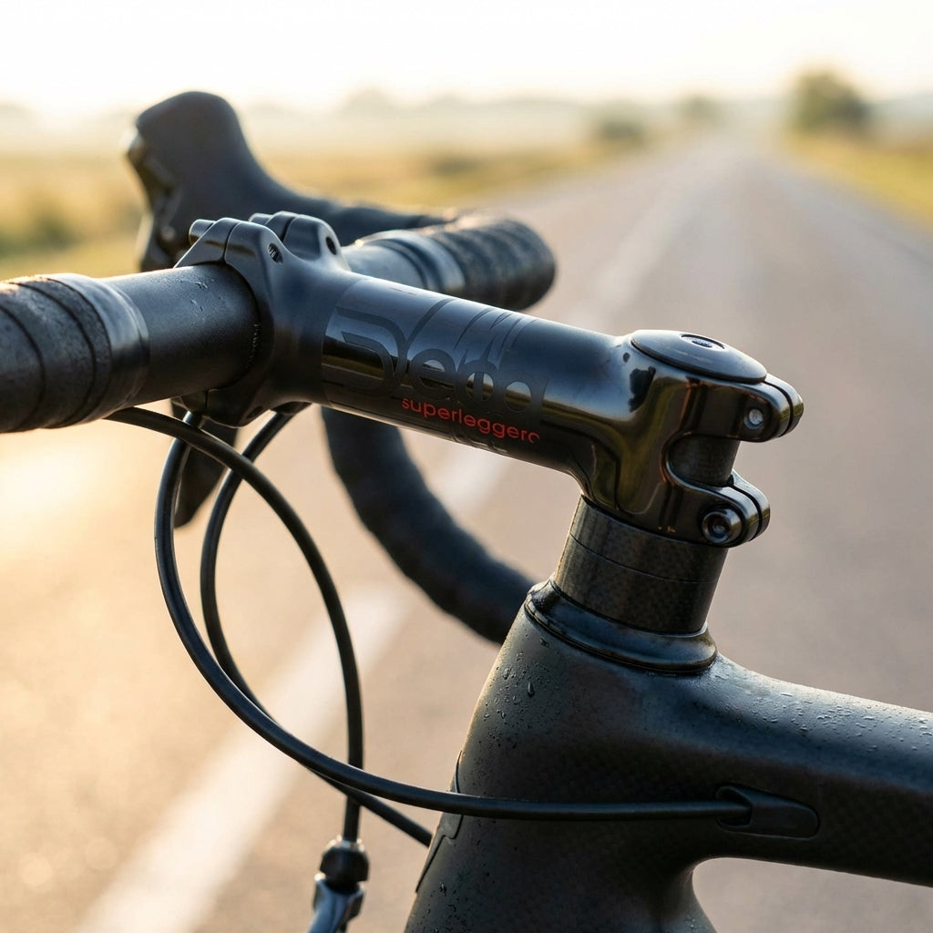 Deda Superleggero Vorbau 100mm, glänzend schwarz mit roter Schrift, am Rennrad auf Landstraße.