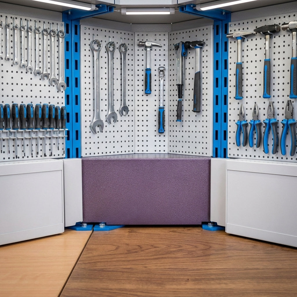 Lila Unior Abdeckplatten-Set 990BA1 für eine Eckwerkbank in einer organisierten Werkstatt mit Werkzeugen.