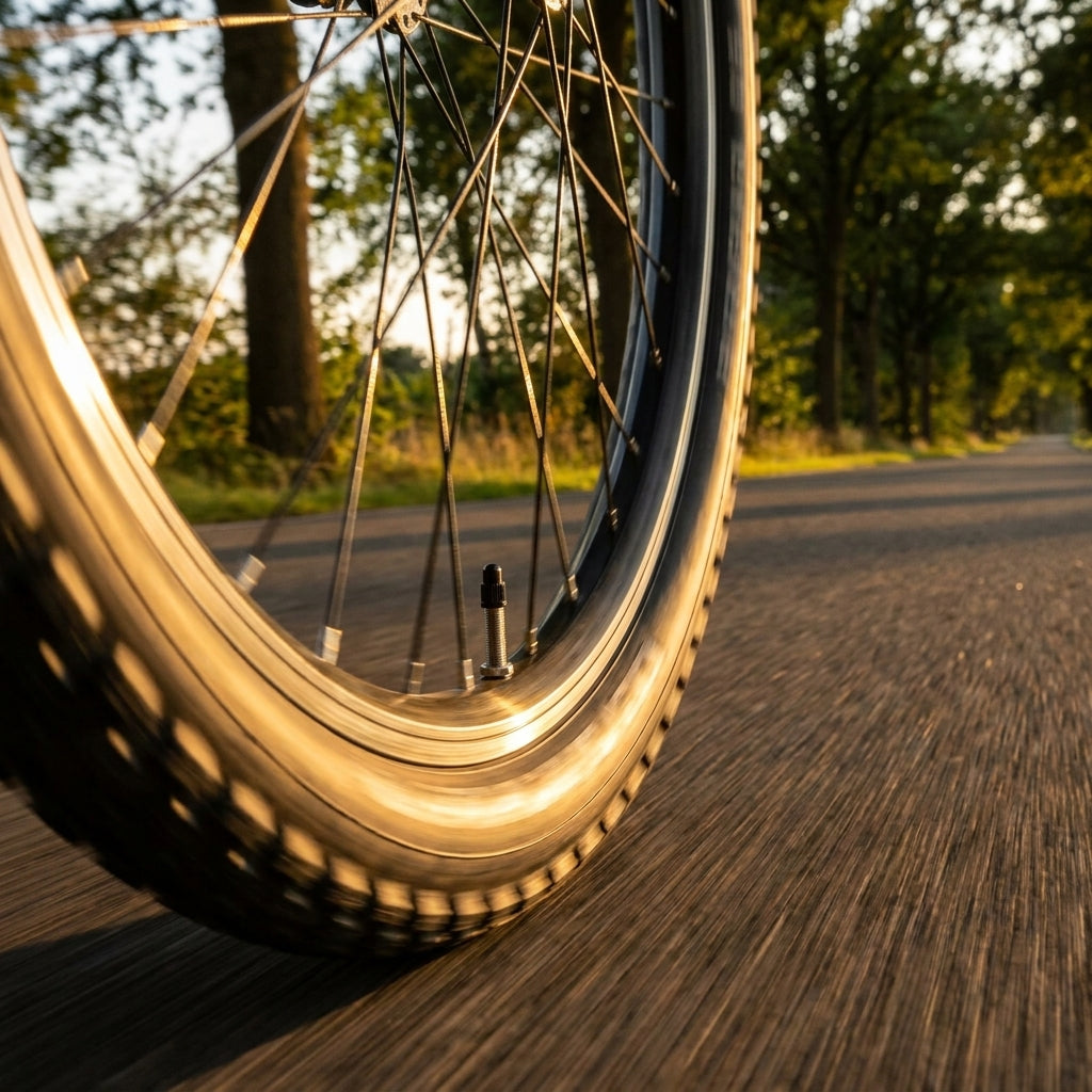 Schwalbe SCHLAUCH SV19 mit SV 40mm Ventil am Rad eines fahrenden Fahrrads auf der Straße.