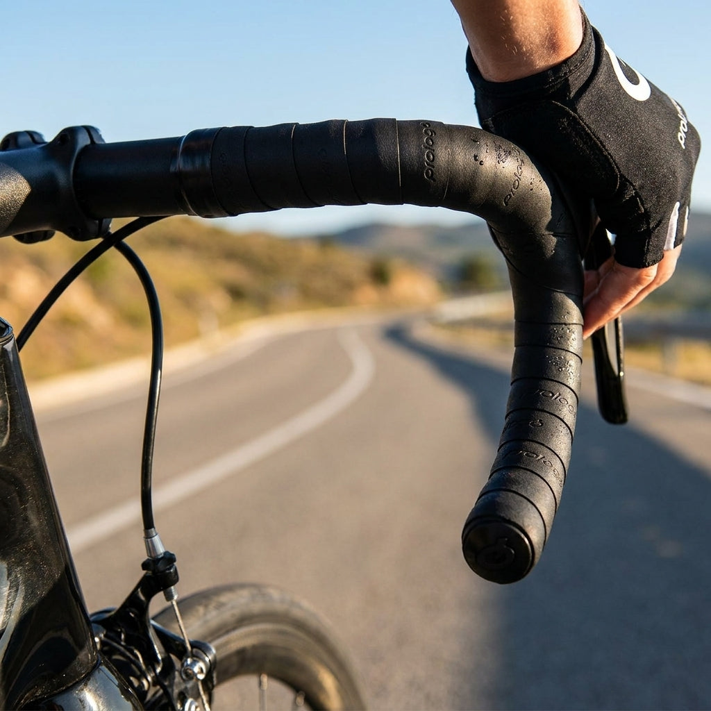 Prologo Lenkerband DOUBLETOUCH schwarz mit Stopfen am Rennrad. Hand im Handschuh hält das nasse Lenkerband.