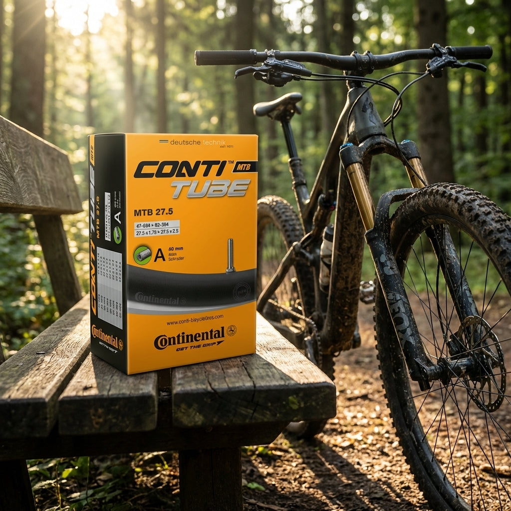Continental MTB Fahrradschlauch 27.5 Zoll Autoventil 40mm, robuster Butylschlauch, auf Bank vor Mountainbike.