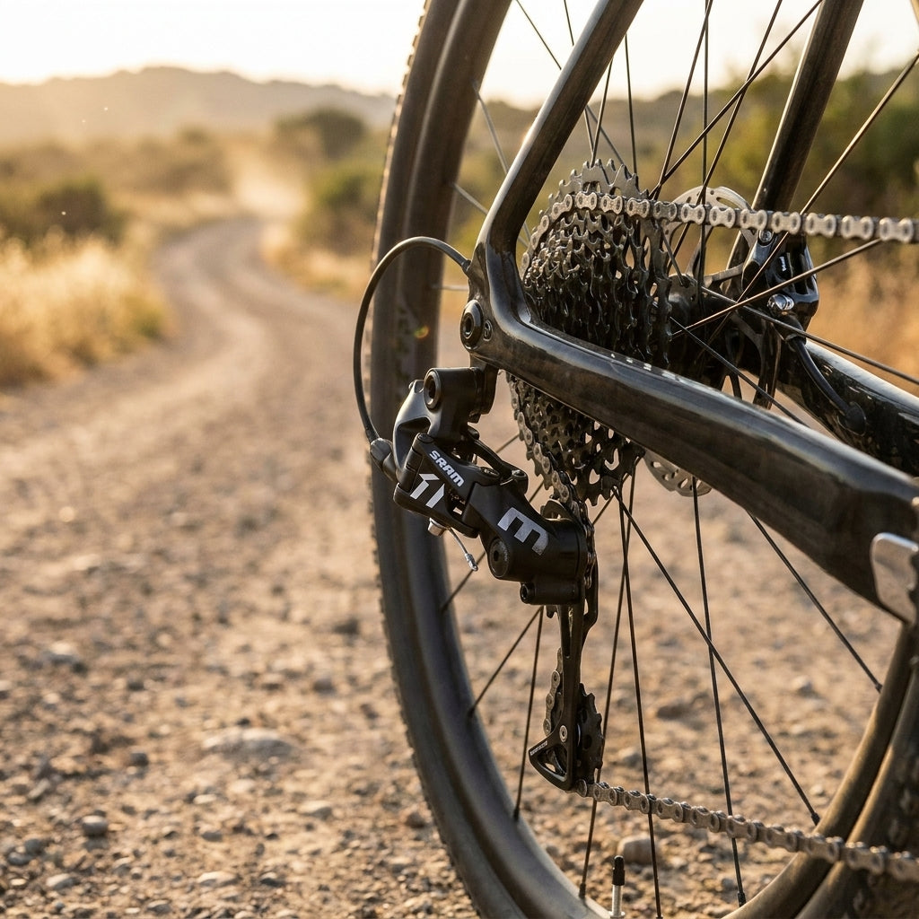 SRAM Apex 1 11-fach Schaltwerk schwarz am Gravelbike auf Schotterweg für präzise 1x Road-Performance.