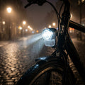 Axa Pico 30 Switch Schalter LED StVZO Scheinwerfer schwarz am Fahrrad im Regen auf Kopfsteinpflaster.
